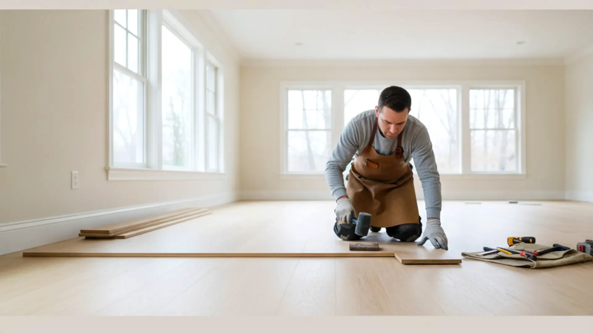 Dionatha Flooring craftsman installing natural white oak hardwood flooring in a bright Plymouth, MA home