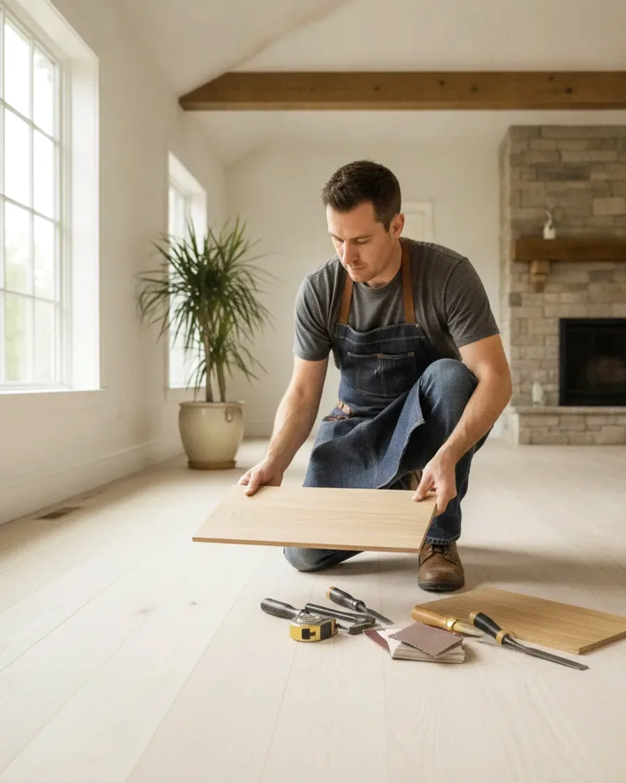 A hardwood flooring professional reviewing natural oak sample boards on freshly sanded white oak