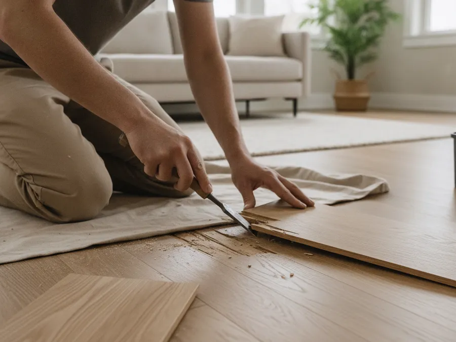Water-damaged hardwood floor showing cupping and staining