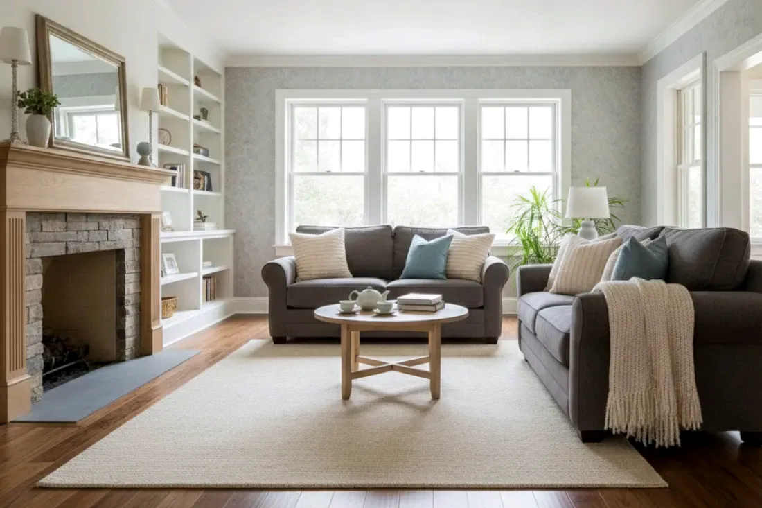 Warm furnished living room with a finished hardwood floor