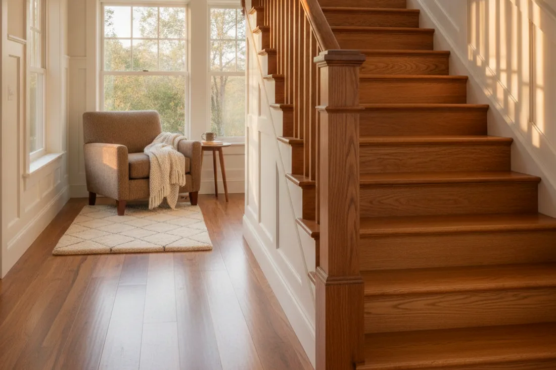 Finished oak hardwood staircase and hallway